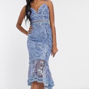 ASOS NWT Periwinkle Blue Floral Sequin Crochet Pencil Mermaid Midi Dress Size 10